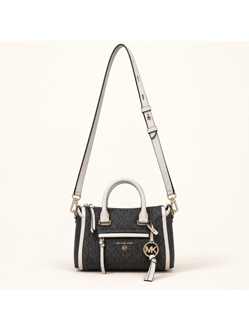 Michael Kors Black Signature Mini Satchel Crossbody Ivory Trim